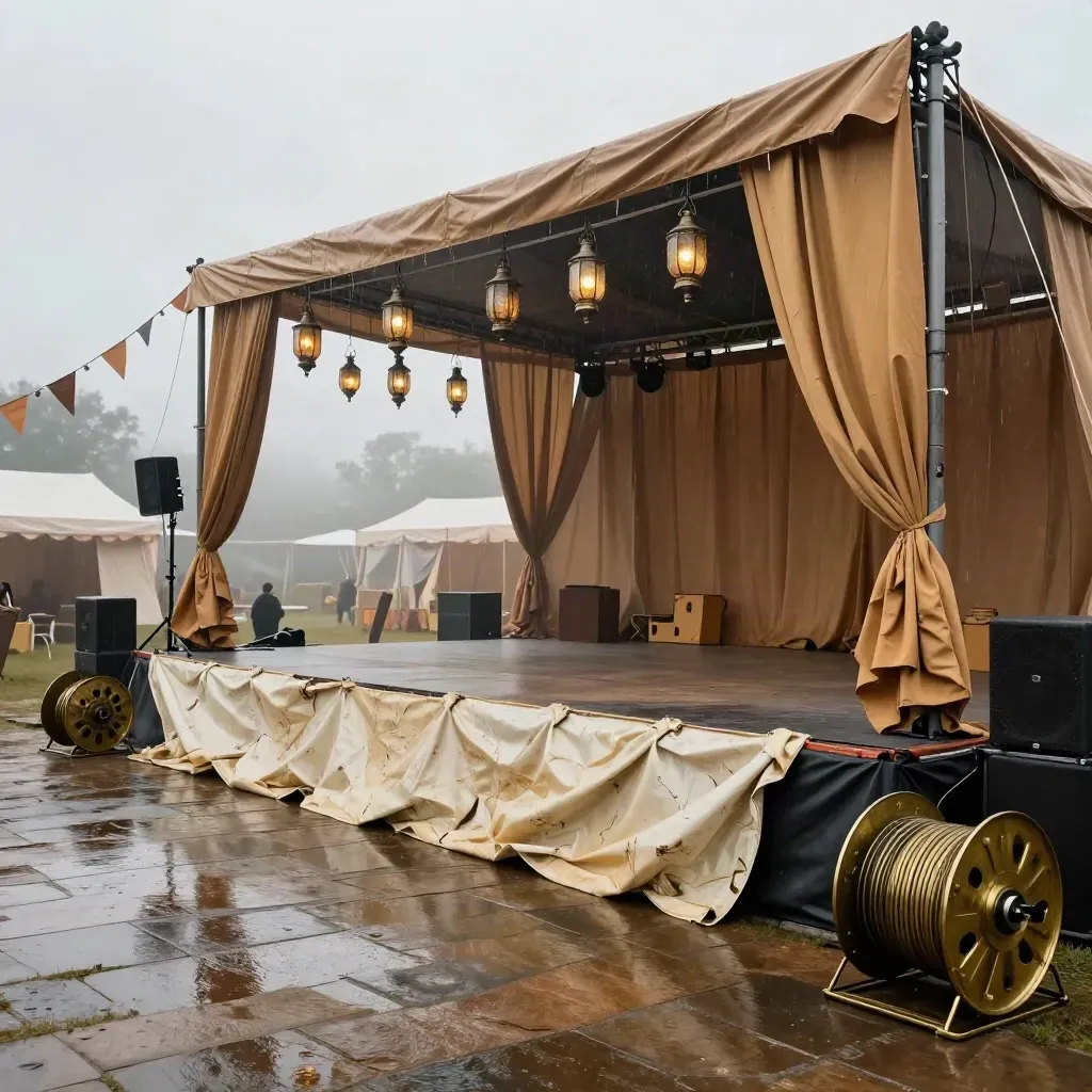 Rain-dark festival ground with stage drapes, lantern strings, and bunting lifting in the wind.