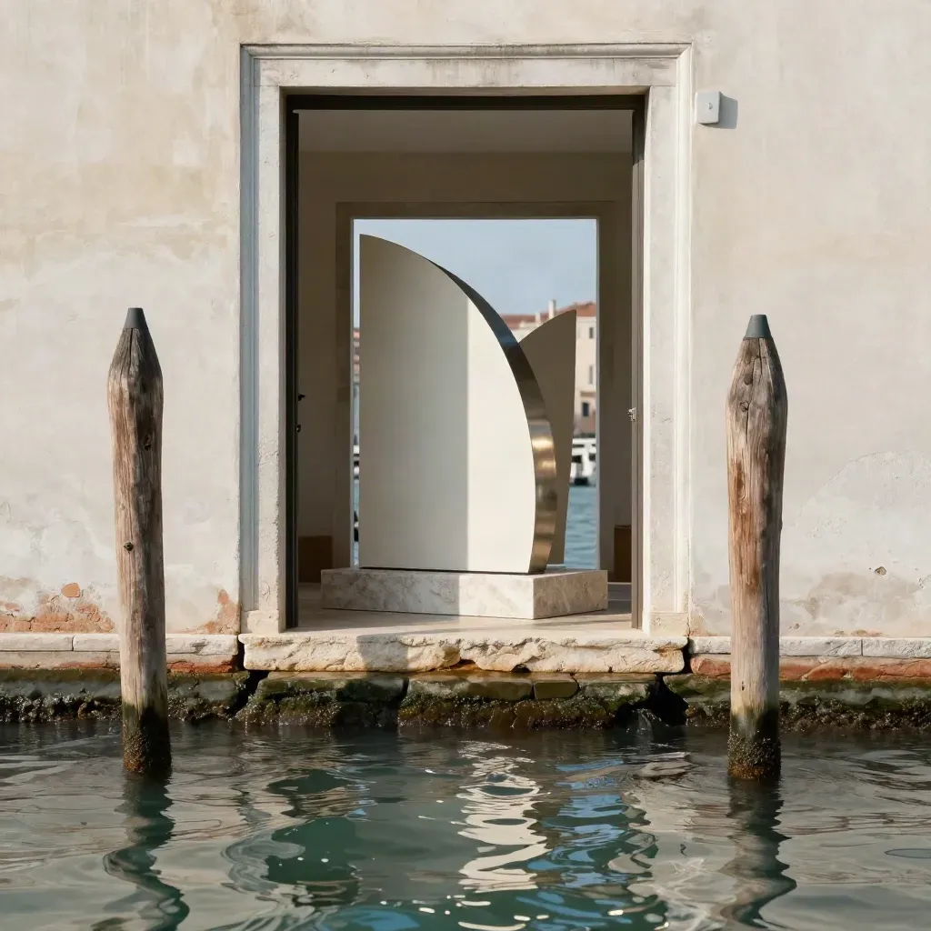 Venice pavilion doorway above rippling lagoon water, sculpture inside, morning light on pale plaster.