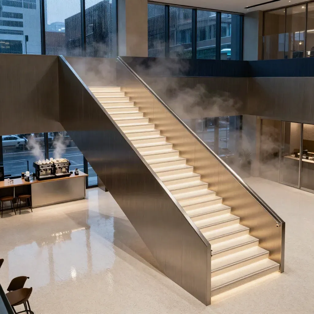 Glowing Seoul museum staircase above a rain-damp lobby café, seen from a mezzanine.