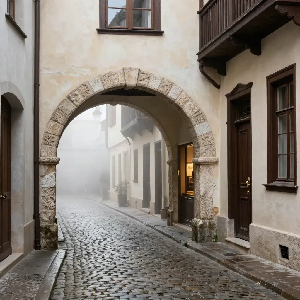 Foggy old-town lane with cobblestones leading to a carved arch and museum doorway