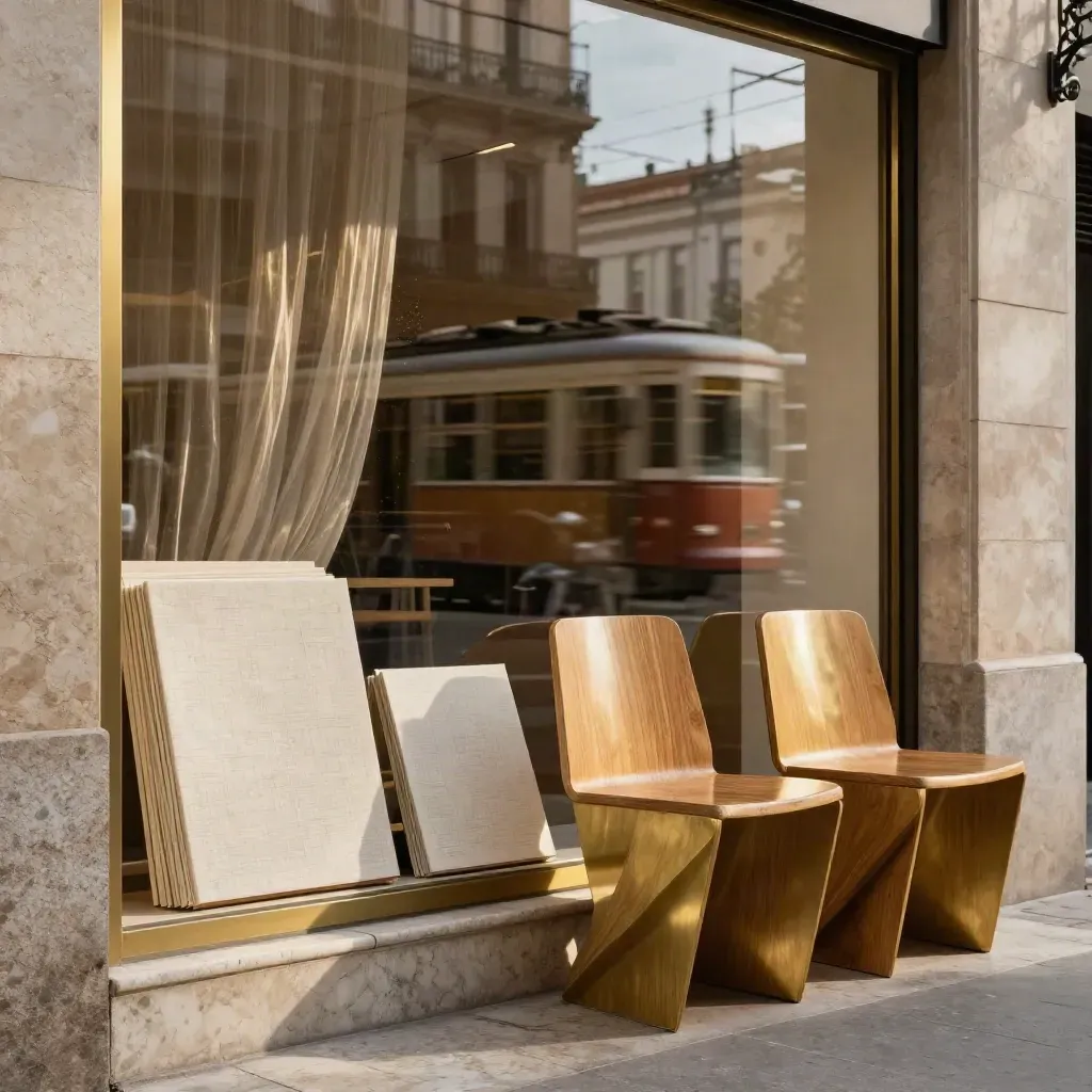 Buenos Aires design storefront with print portfolios, geometric chairs, and street reflections in warm light.