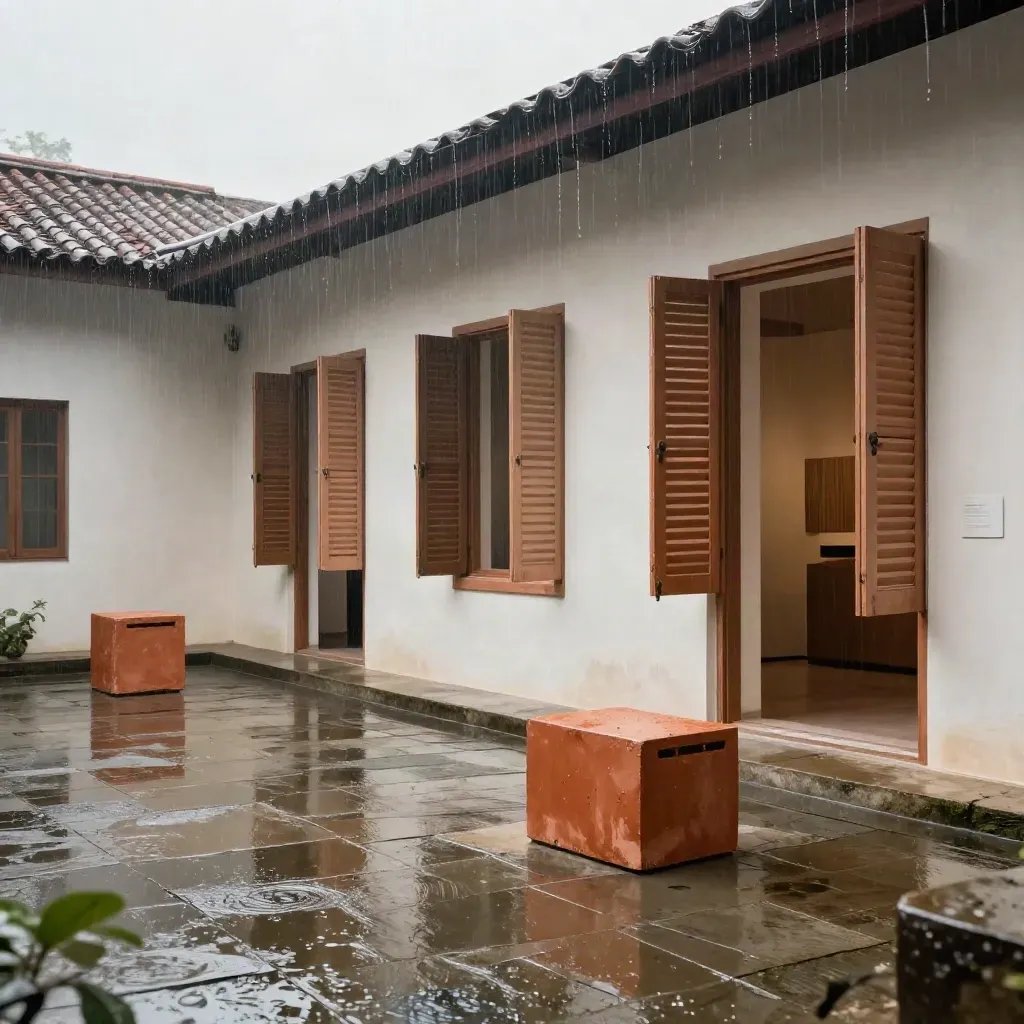 Monsoon gallery courtyard with wet tile, open shutters, and a terracotta sculpture plinth