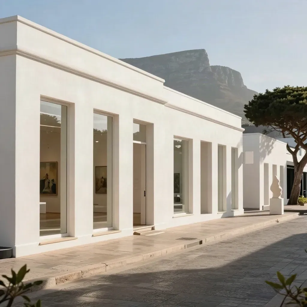 Cape Town gallery façades in mountain haze, wind-tossed tree, glowing reflections, turned-away sculptural sign