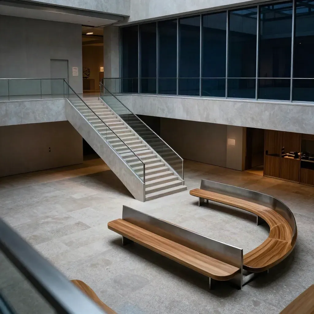 High-angle view of a quiet museum atrium with benches, staircase, and glass reflections.