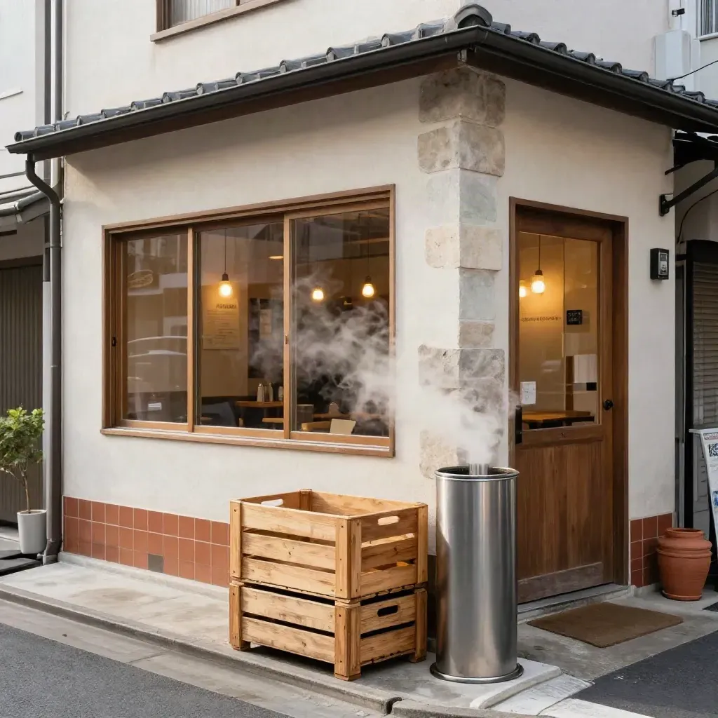 Osaka side street with museum façade, café window, steam, and stacked crates.