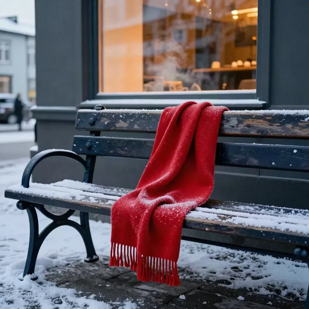 Snowy Reykjavik bench with red scarf and glowing museum window at dusk.