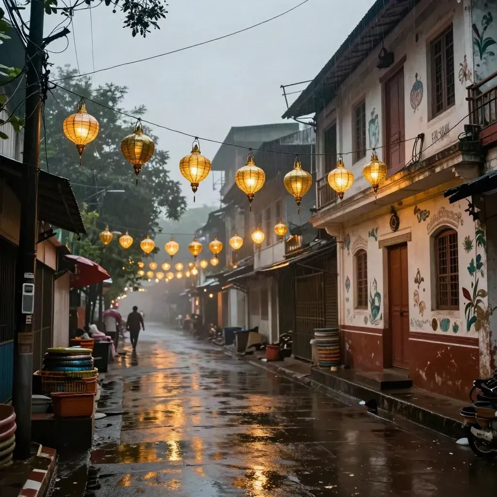 Kolkata festival lane with lanterns, painted hall façade, wet reflections, and rain mist