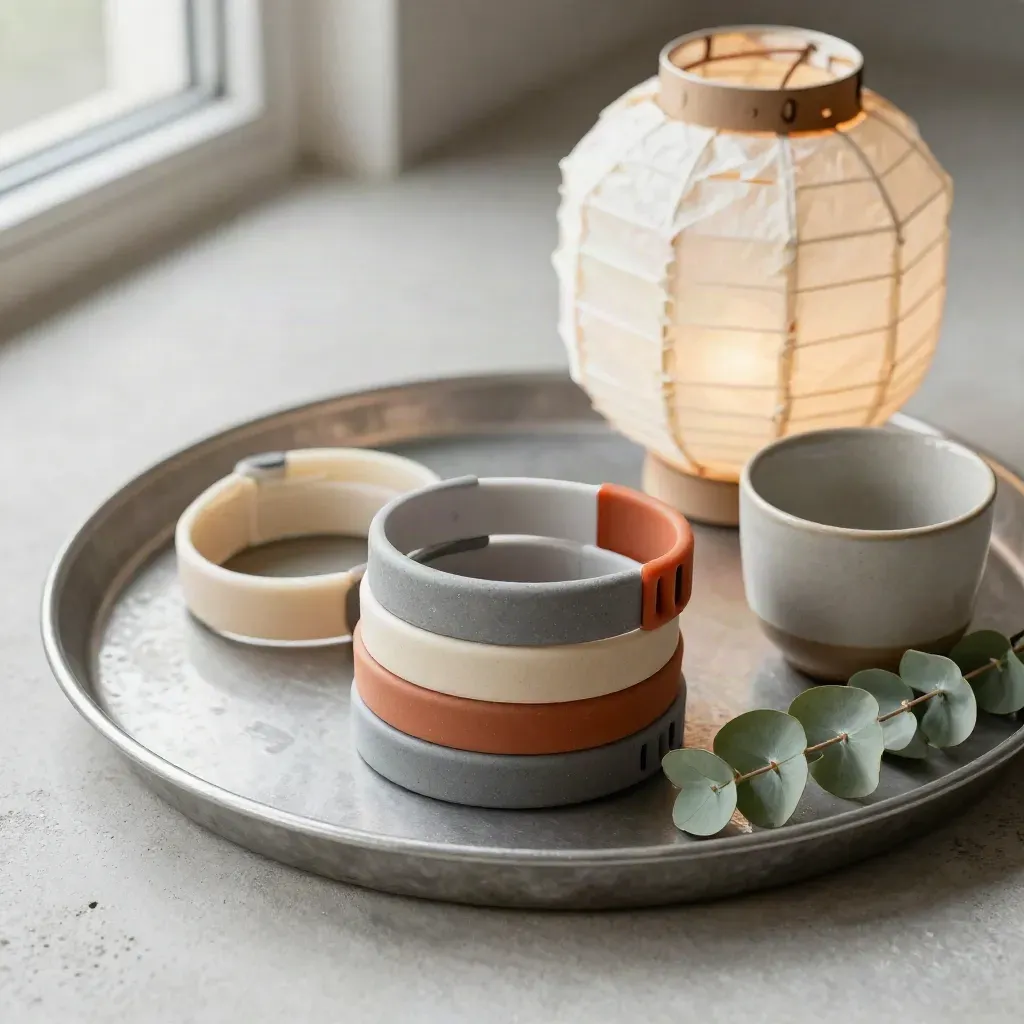 Festival wristbands, folded lantern, ceramic cup and eucalyptus on a metal tray in soft daylight.