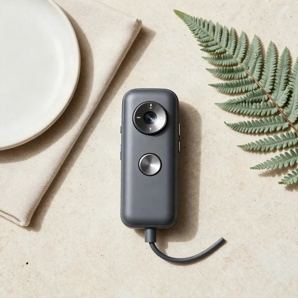 Overhead flatlay of a museum audio-guide handset with linen, dish, and fern on pale stone.