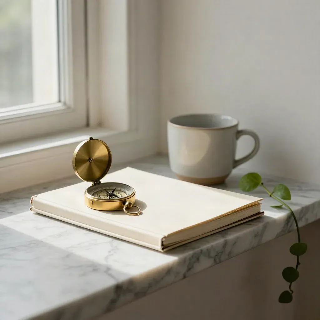 Brass compass, blank city notebook, cup and trailing plant on a marble shelf in soft morning light.