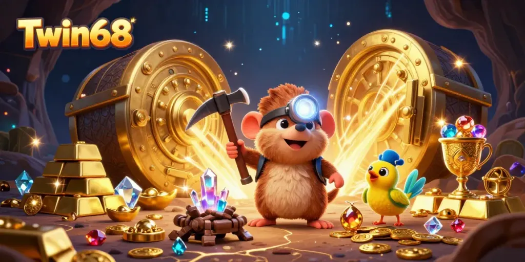 Twin68 reveals an exciting treasure hunt in this vibrant casino scene with gems and gold.