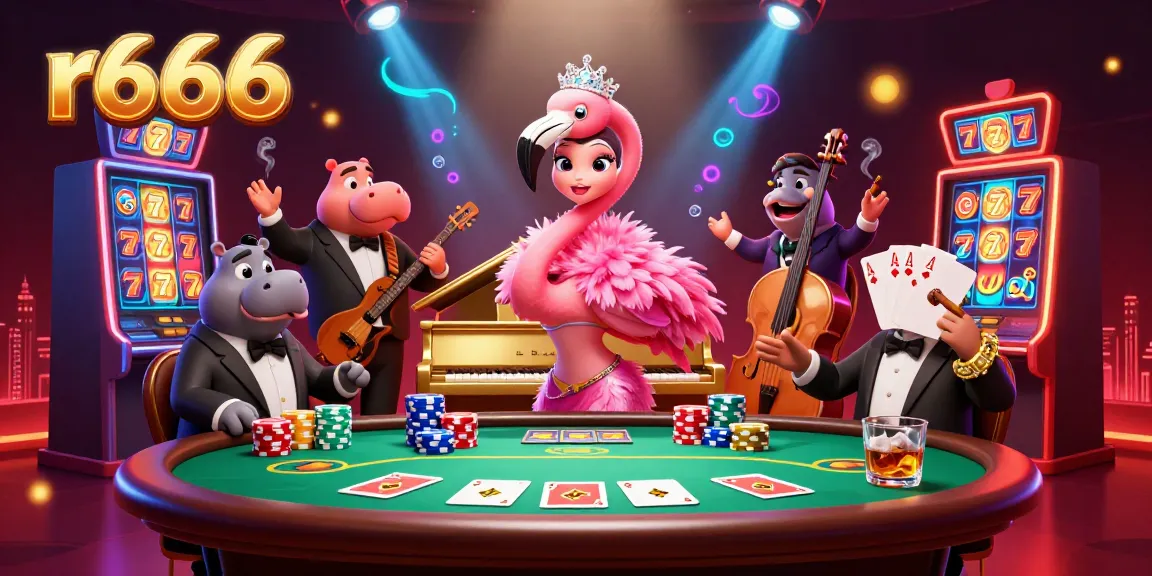 Experience r666's lively casino ambiance with a flamingo singer and hippo bassist in an artistic illustration.
