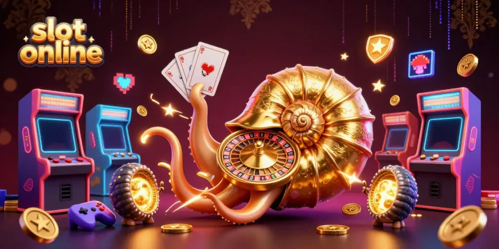 Experience the excitement of slot online with a giant nautilus holding cards amidst casino-themed elements.