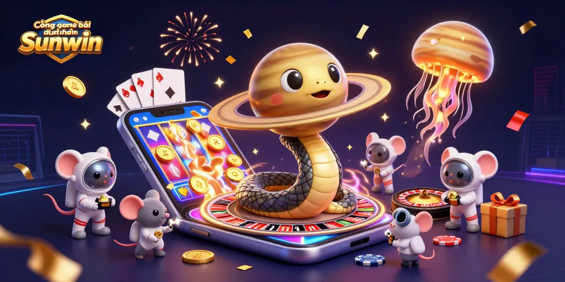 Cổng game bài đổi thưởng Sunwin features a dynamic cosmic casino scene with a Saturn snake and astronaut mice betting.