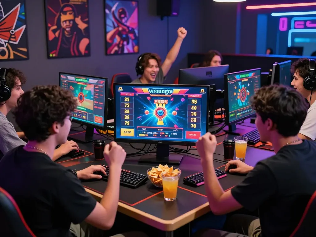 Friends engaged in wraungtoto online gaming with vibrant visuals and snacks