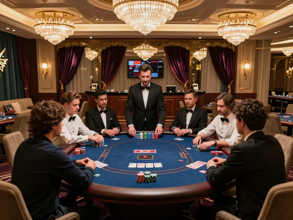 Fabet's sophisticated poker game in an upscale casino, showcasing players with chips strategizing their next move.