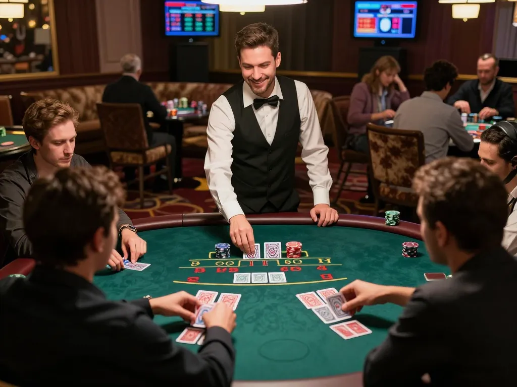 Intense blackjack action at nhacaiuytinn casino with players engaged and dealer in focus.