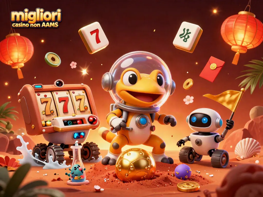 Gioca nei migliori casino non AAMS mentre il gecko spaziale scopre un casinò dorato in un'illustrazione vivace.