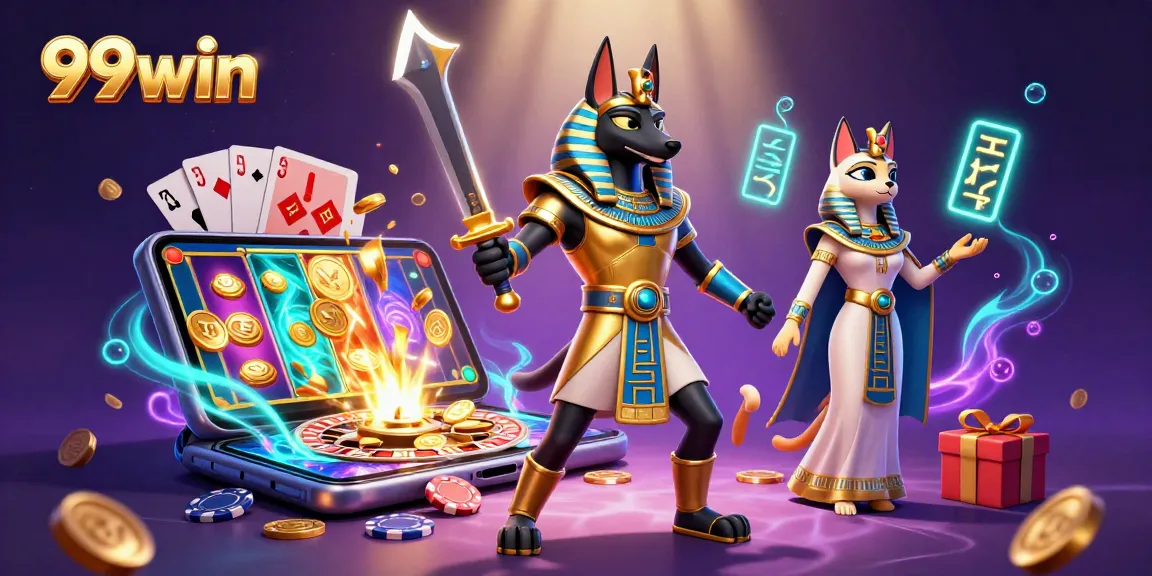 Spin and win with 99win's vibrant casino action featuring Anubis and Bastet in a dynamic scene.