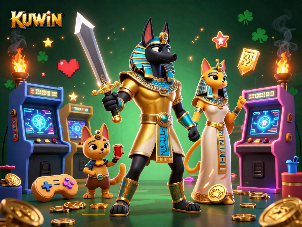 Experience the thrill of KUWIN gaming with Anubis and Bastet surrounded by vibrant casino elements.