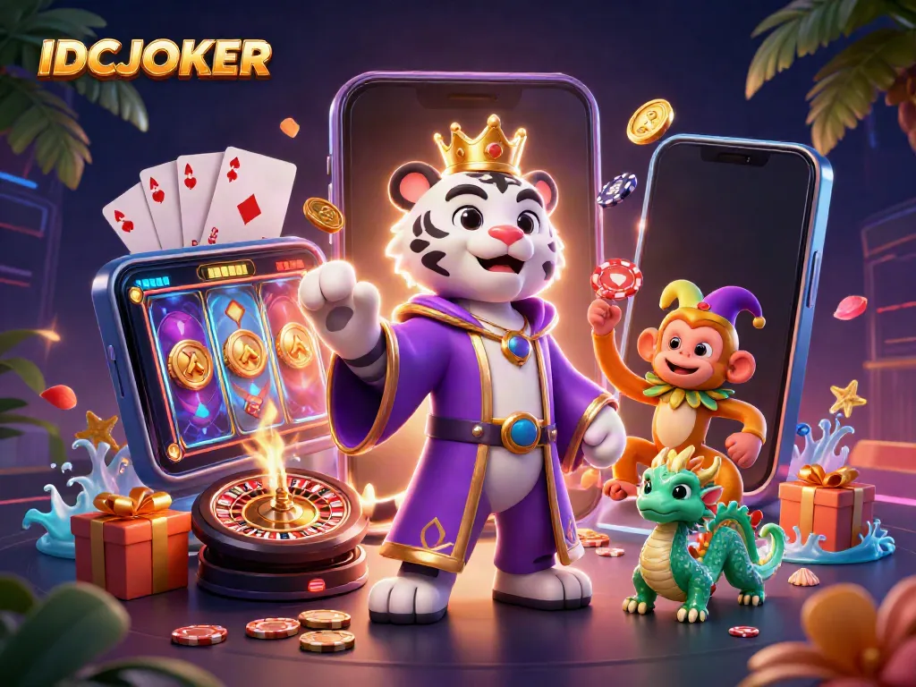 Engage with the vibrant world of IDCJOKER, featuring a royal tiger and playful monkey in a rich casino setting.
