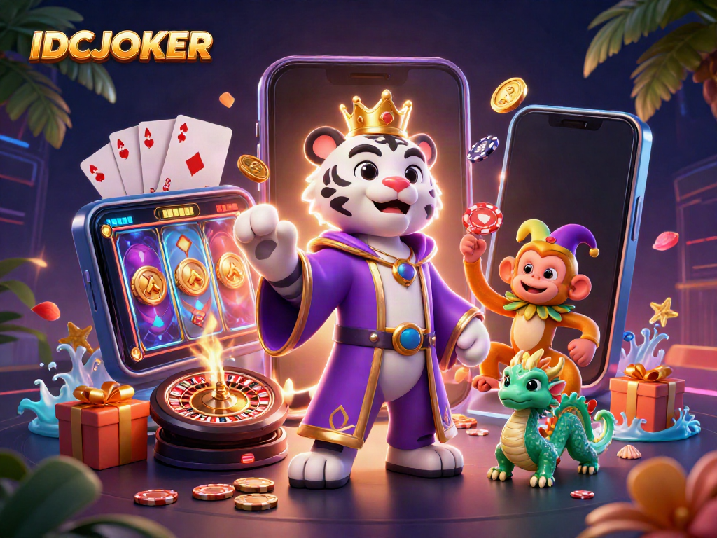 Engage with the vibrant world of IDCJOKER, featuring a royal tiger and playful monkey in a rich casino setting.