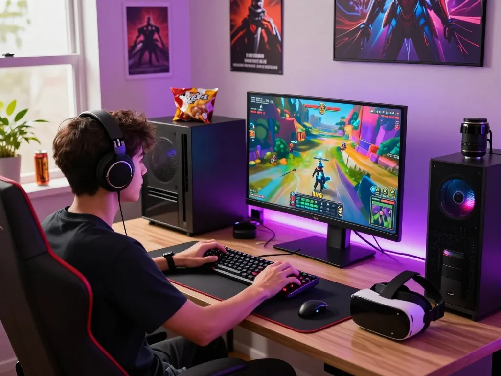 Engaging gamer playing RR88 with colorful graphics in a modern setup.
