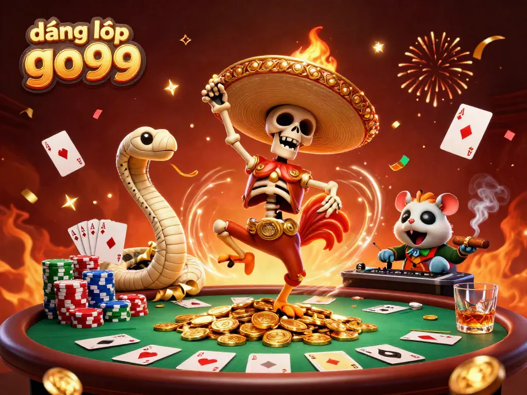 Engage with the vibrant scene depicting đăng nhập go99 featuring lively characters celebrating amidst poker elements in a casino.