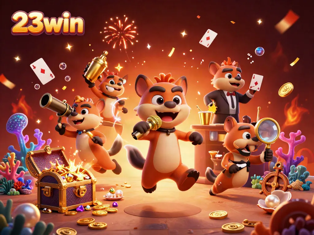 Experience the thrill of casino fun with 23win's lively hyena characters in a vibrant scene filled with energy and excitement.