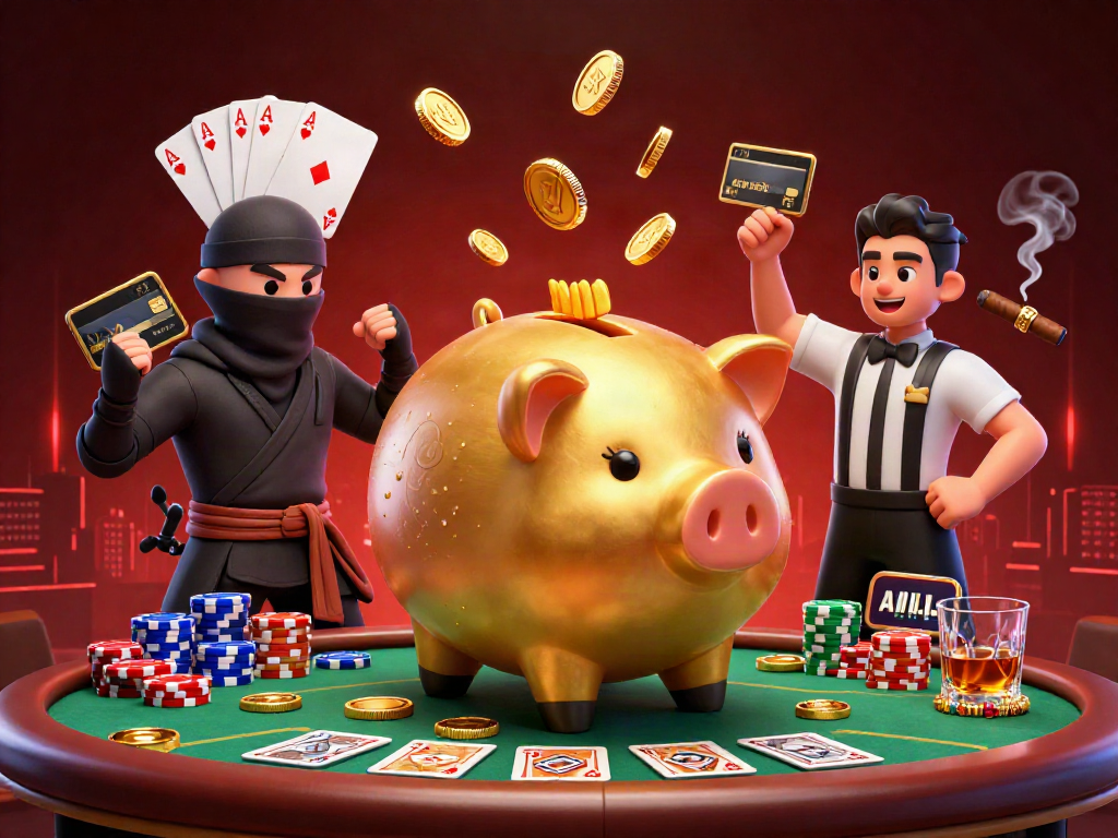 ace67's thrilling casino scene featuring golden piggy bank, ninja, and samurai amidst poker elements.