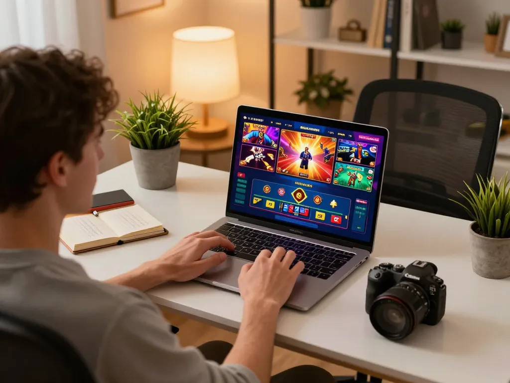 Engaging in a thrilling game online on a stylish laptop with captivating casino visuals