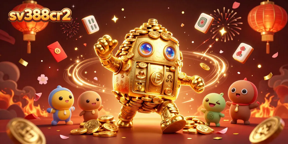 Experience the exhilarating world of sv388cr2 with a lively golden golem amidst vibrant casino elements.