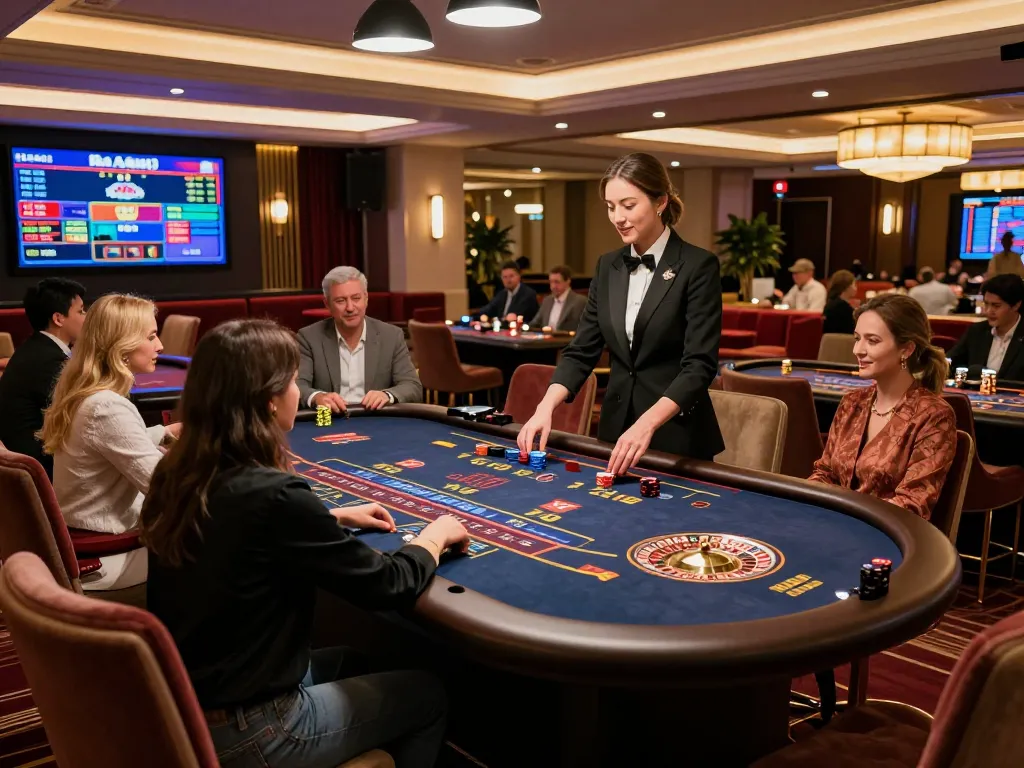 Exciting live dealer action at BetVisa live casino with elegant patrons and professional dealers.