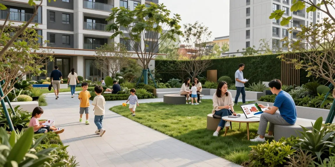 https://busan-aptwise.com의 동래 푸르지오 에듀포레에서 가족들이 녹색 라운지에서 즐거운 시간을 보내는 모습입니다.