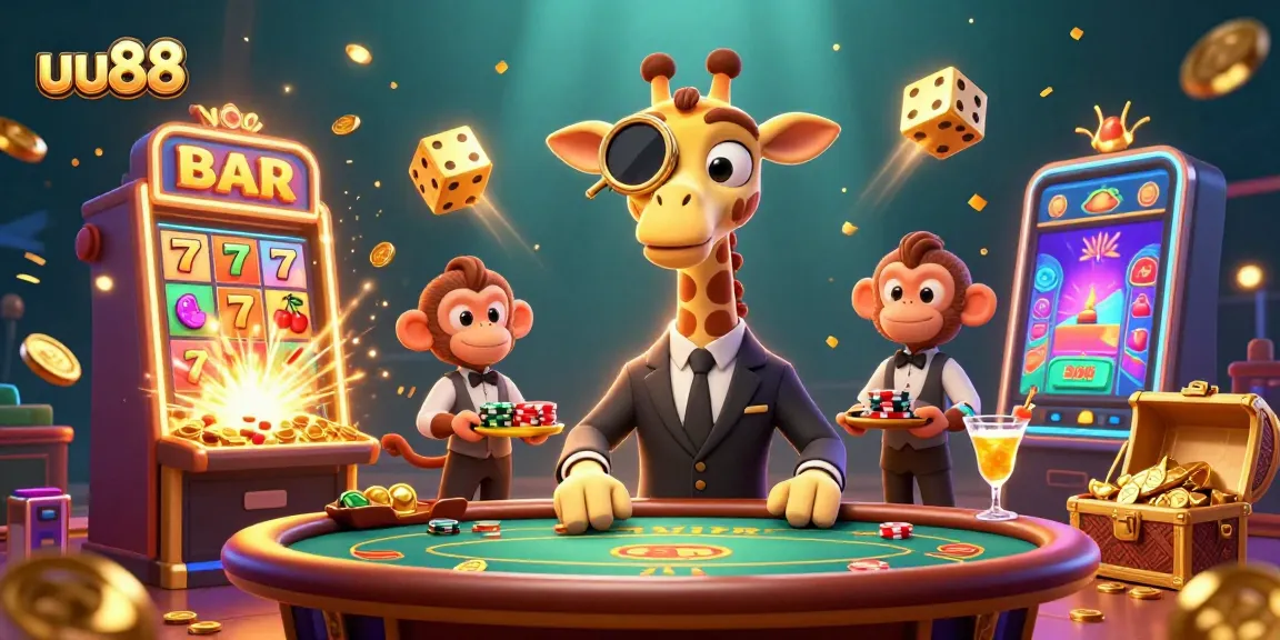 uu88 gamers celebrate big wins at a glamorous casino with vibrant characters and exciting games.