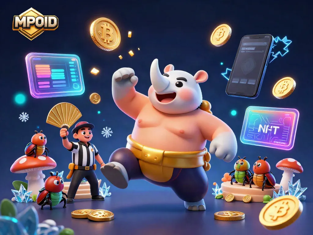 MPOID provides a vibrant 3D view of a rhinoceros beetle sumo champion amidst cryptocurrency elements, capturing the thrill of online gaming.