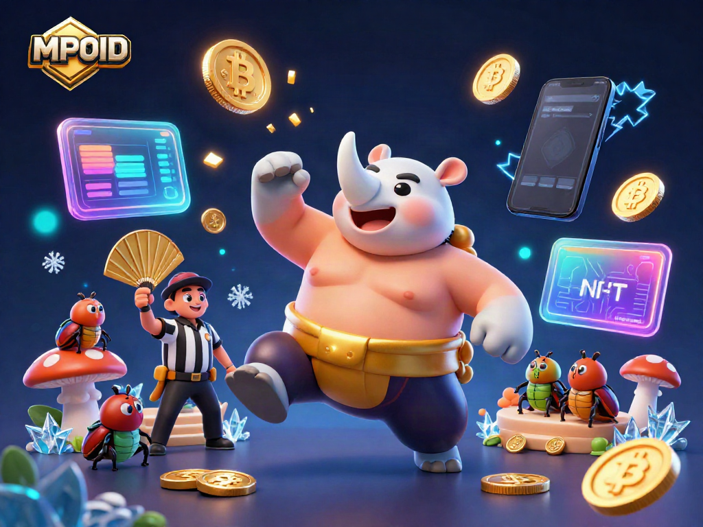 MPOID provides a vibrant 3D view of a rhinoceros beetle sumo champion amidst cryptocurrency elements, capturing the thrill of online gaming.