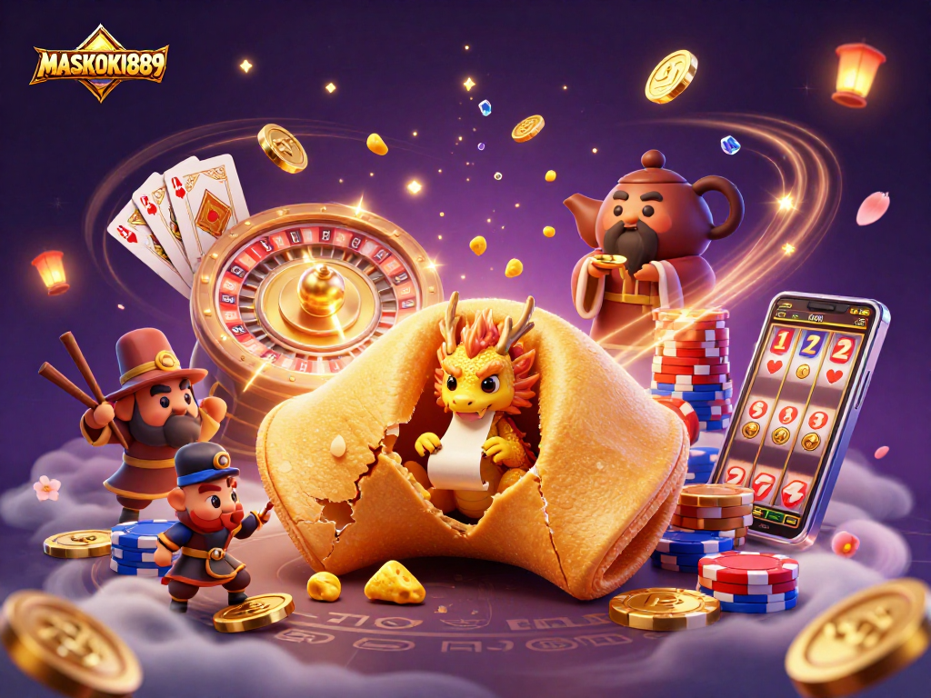 Experience MASKOKI889 with a golden fortune cookie, dragon, and casino elements in an exciting scene.