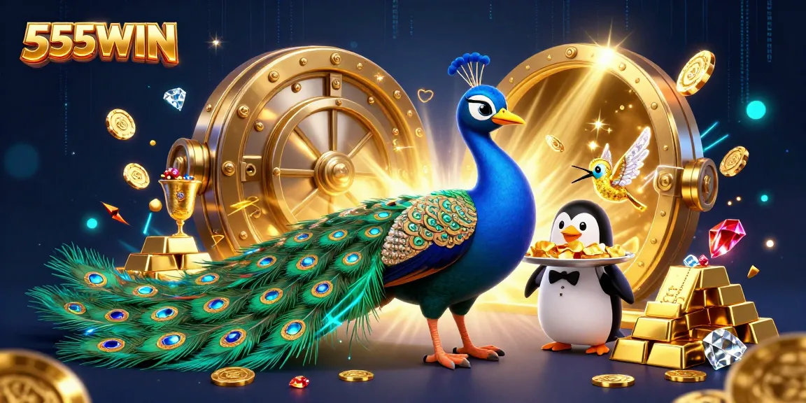Experience the vibrant excitement of 555WIN with a royal peacock, golden chips, and shimmering gems in a dazzling casino scene.