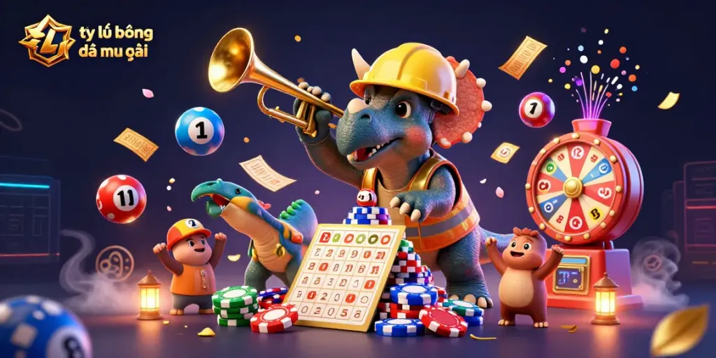 Engage with the vibrant world of tỷ lệ bóng đá nhà cái through a colorful 3D scene featuring dynamic characters and game elements.