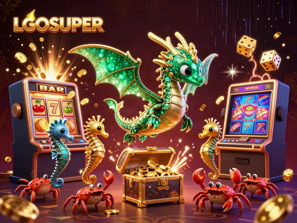 Experience LGOSUPER with vibrant casino games and enchanting characters in a dynamic 3D illustration.