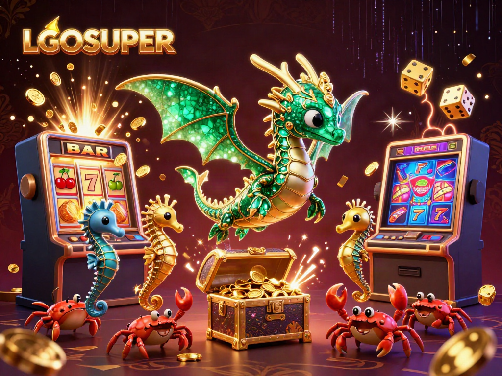 Experience LGOSUPER with vibrant casino games and enchanting characters in a dynamic 3D illustration.