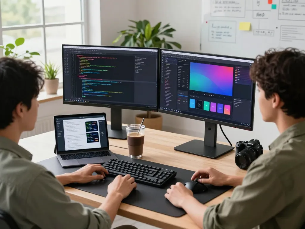 快连 software developer coding in a bright office, showcasing advanced technology and a modern workspace.