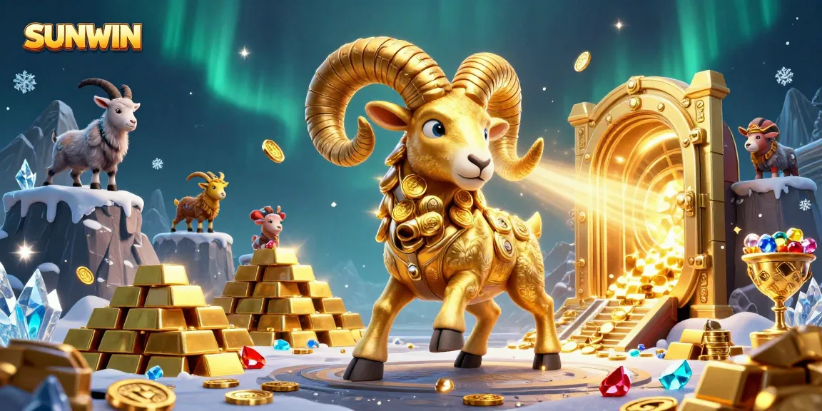 SUNWIN golden ram charging through a treasure vault, showcasing a dynamic casino scene.