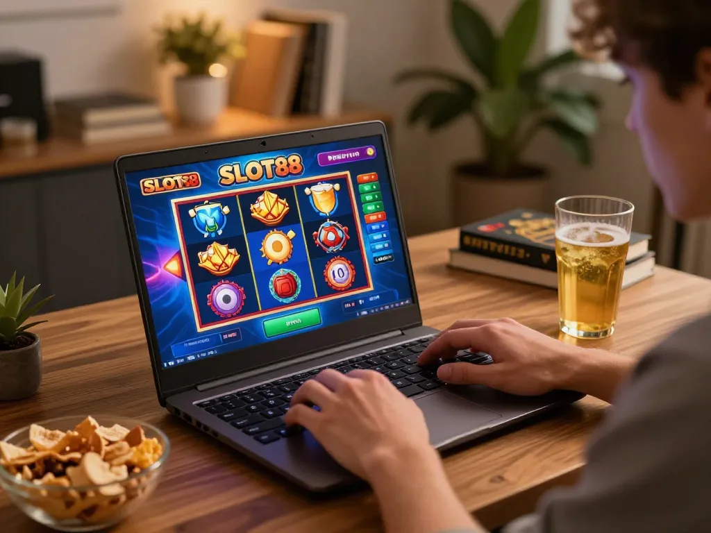 SLOT88 player engaging with online slot game on a laptop at home, showcasing proactive gameplay strategy.