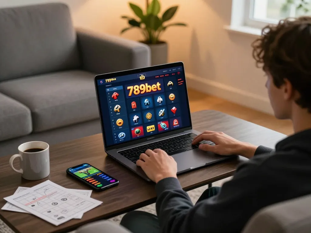 Player engaging with online casino games at 789bet on a laptop, showcasing the excitement of home gambling