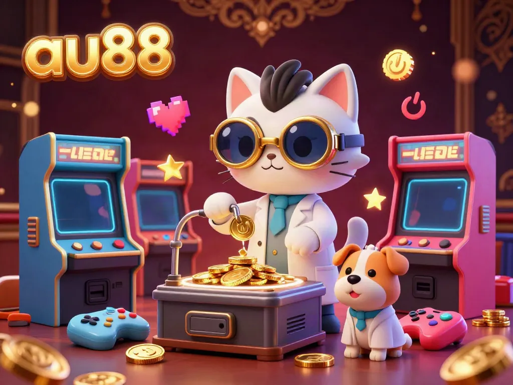 Experience vibrant gaming action at au88 with a playful scientist cat creating coins in a lively casino setting.