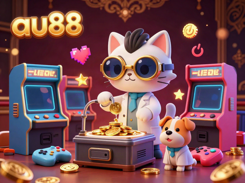 Experience vibrant gaming action at au88 with a playful scientist cat creating coins in a lively casino setting.