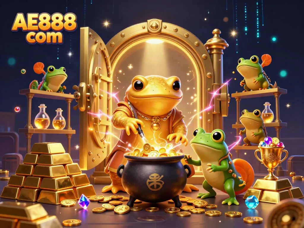 Experience the thrill of AE888 com with a dynamic 3D illustration showcasing gold coins and alchemical energy.