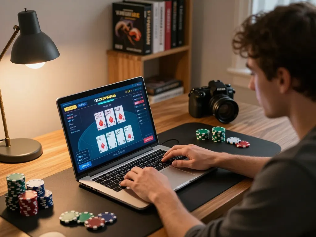 Player engaging in online poker gameplay on TG88 with strategic focus and cozy workspace.